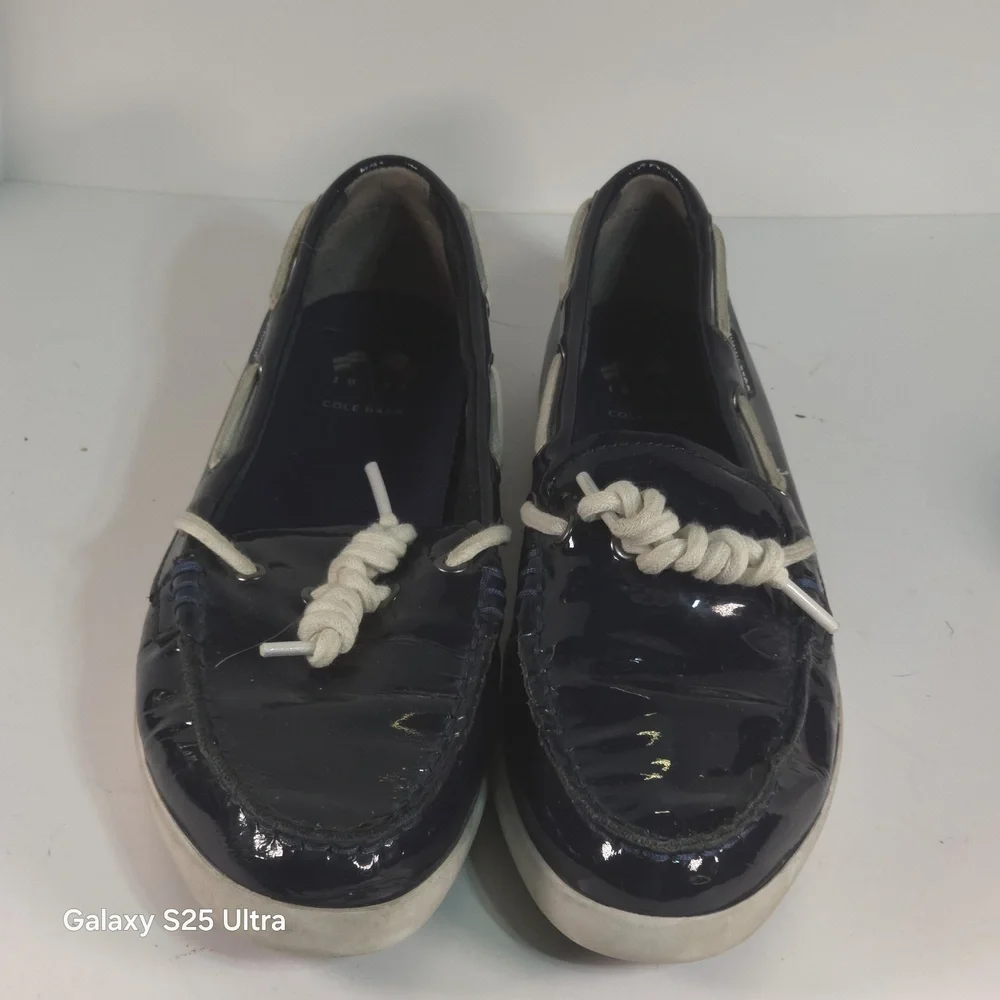 Cole Haan‎ Nantucket Camp Moc Navy Blue Patent Leather Boat Shoes Women's Sz 8.5
